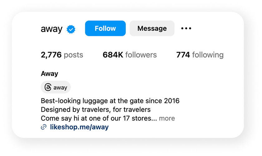 Snippet of Away luggage brand's Instagram bio and metrics showing positive Instagram growth.