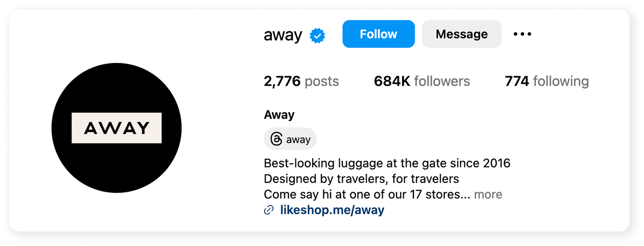 Snippet of Away luggage brand's Instagram bio and metrics showing positive Instagram growth.