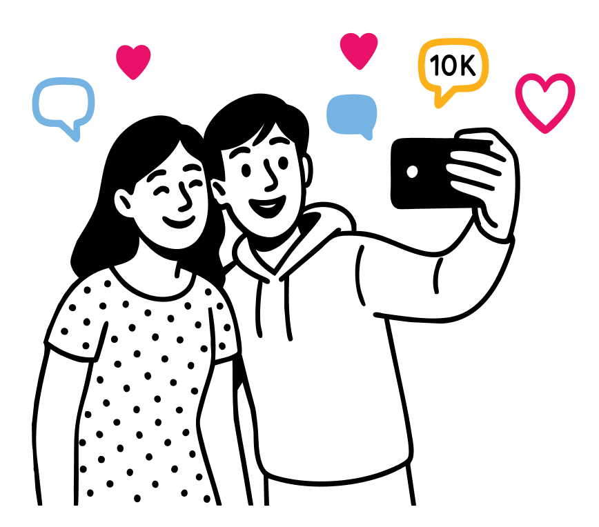 Grafica Plixi di due utenti Instagram sorridenti che si scattano un selfie circondati dalle icone di engagement Instagram .