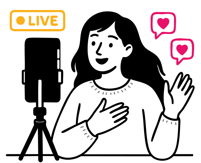 Grafica Plixi di un influencer di Instagram che registra un live stream su un telefono montato con icone a forma di cuore sullo sfondo.