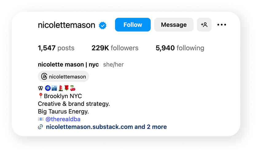 Frammento della biografia Instagram di Nicolette Mason e metriche che mostrano una crescita positiva Instagram .